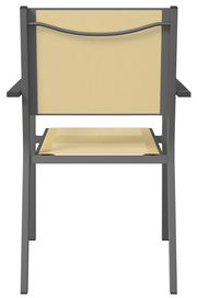 Rückansicht eines Stapelsessels mit gelber Sitzfläche und Rückenlehne, schwarzem Metallrahmen und Armlehnen.