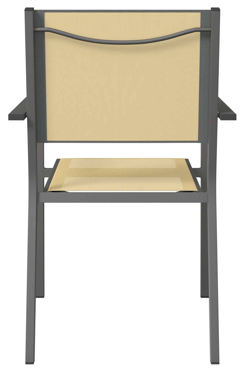 Rückansicht eines Stapelsessels mit gelber Sitzfläche und Rückenlehne, schwarzem Metallrahmen und Armlehnen.