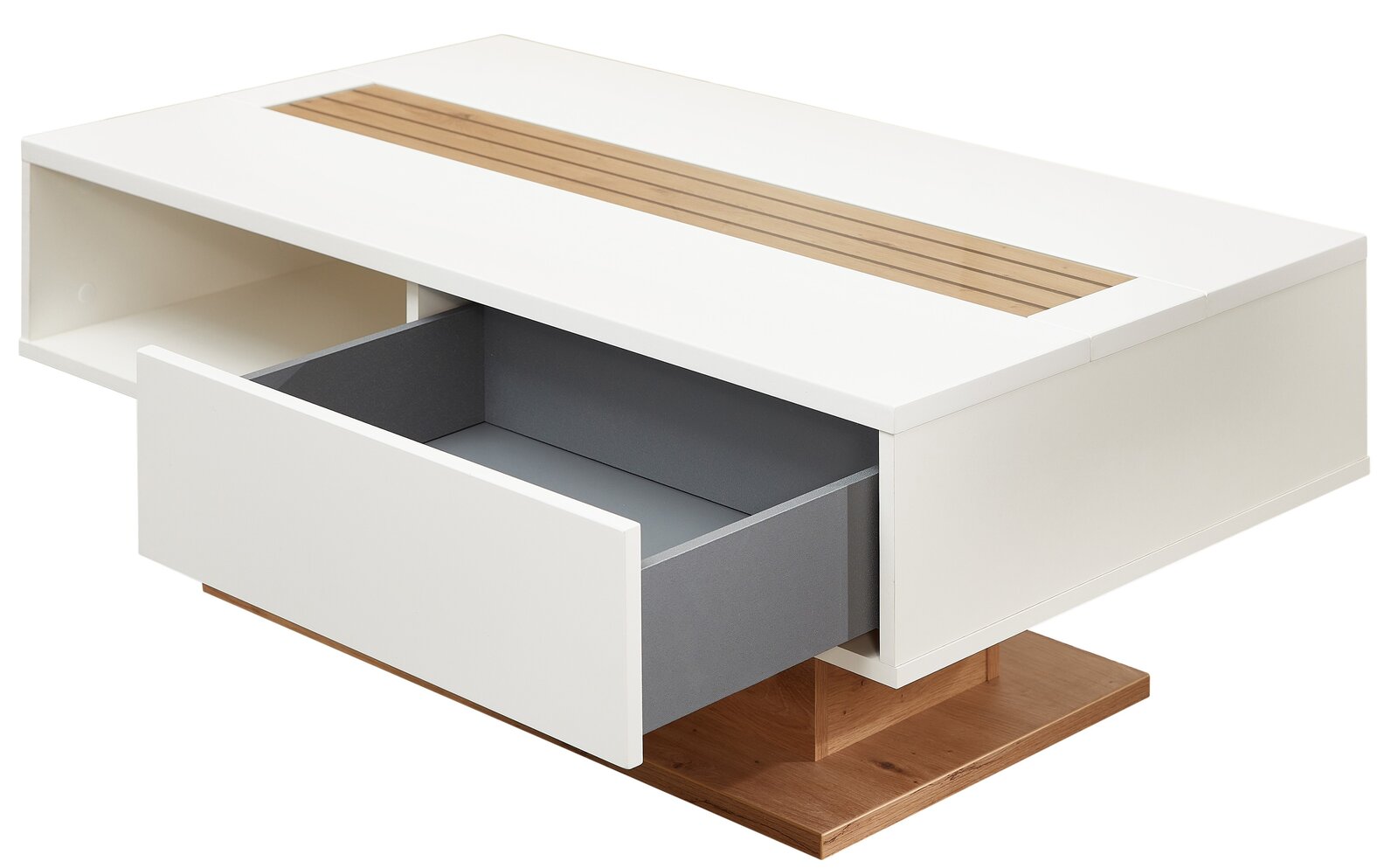 Moderner Couchtisch in Weiß mit Holzdetails und offener Schublade, seitliche Perspektive