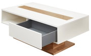 Moderner Couchtisch in Weiß mit Holzdetails und offener Schublade, seitliche Perspektive