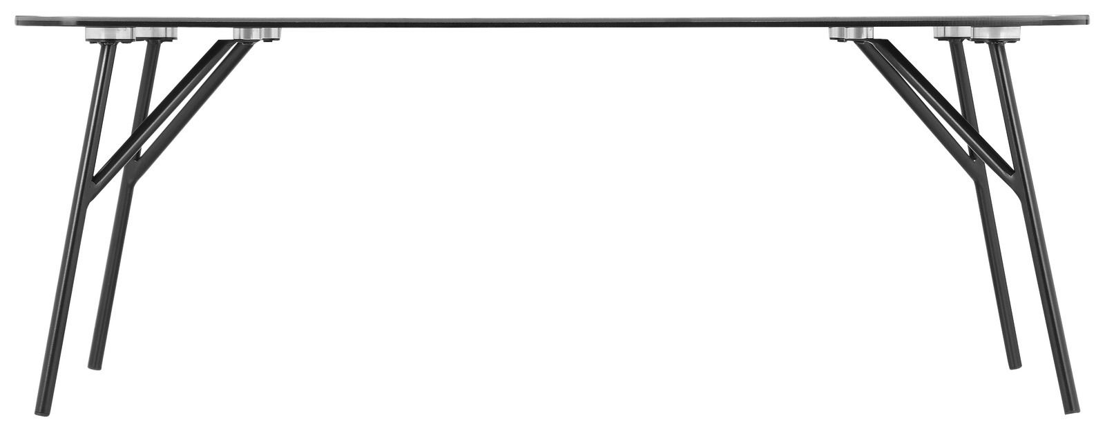 Moderner Couchtisch mit Glasplatte und schwarzen Metallbeinen, Seitenansicht