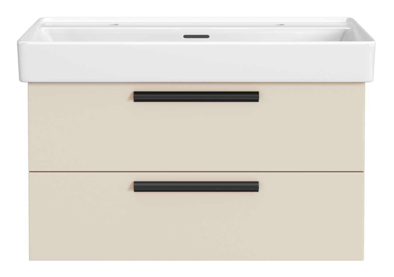XORA Waschtisch-Set für 2 Armaturen VANNES Frontansicht eines Waschtisch-Sets mit zwei Schubladen und einem weißen Waschbecken, geeignet für zwei Armaturen.