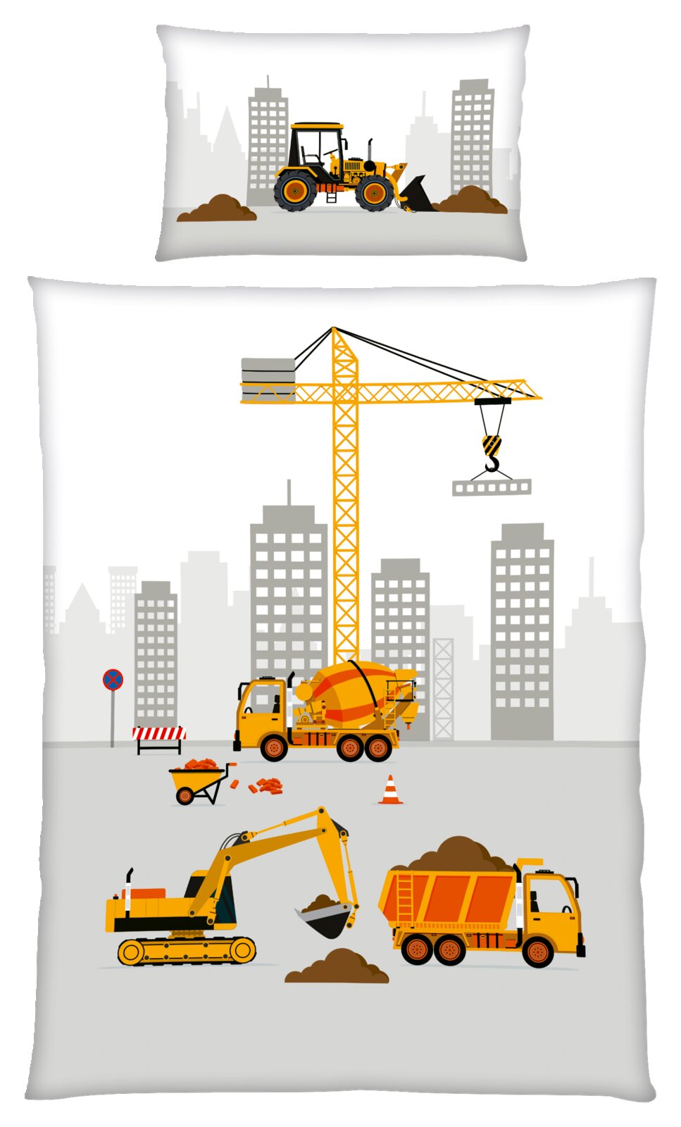 Bettwäsche-Set mit Baustellenmotiv, bestehend aus einem Kissenbezug mit Traktor und einem Bettbezug mit Kran, Betonmischer, Bagger und LKW vor einer Stadtsilhouette. Perspektive von oben.