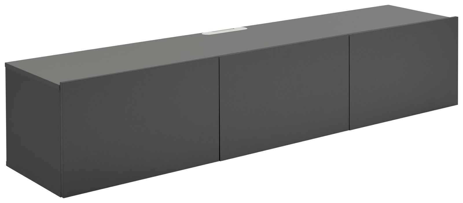 Graues TV-Hängelowboard mit drei Türen, seitliche Perspektive