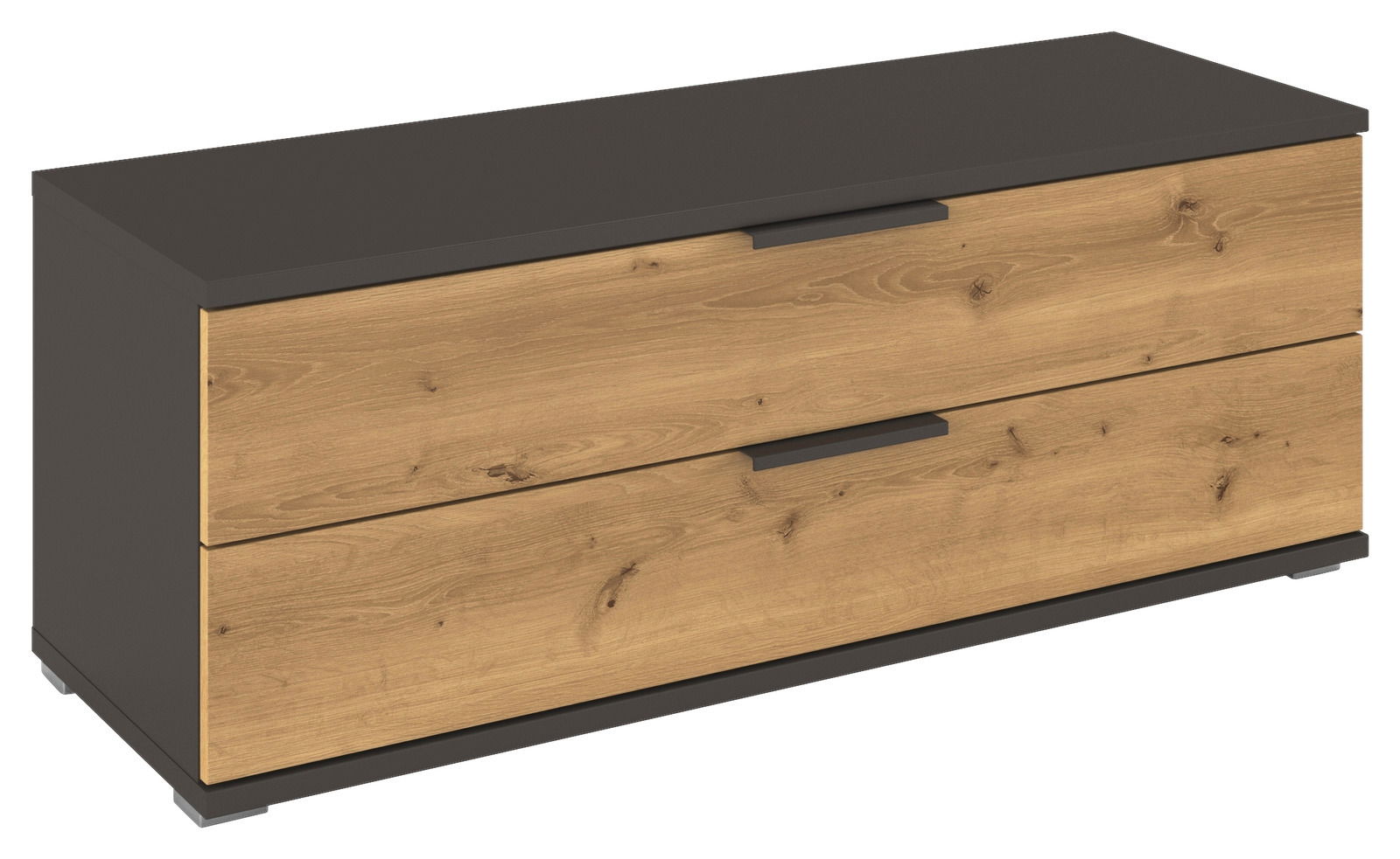 TV-Element oder Kommode aus Holz mit zwei Schubladen, in einer schrägen Perspektive von vorne fotografiert.