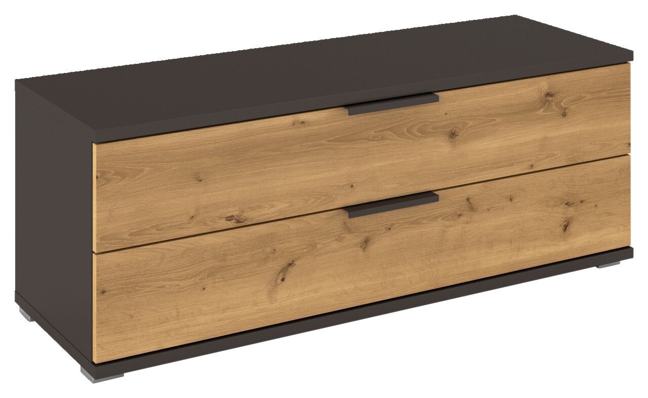 XORA TV-meubel/ladekast ENDORA-F Houten tv-meubel of ladekast met twee lades, gefotografeerd vanuit een schuin perspectief van voren.
