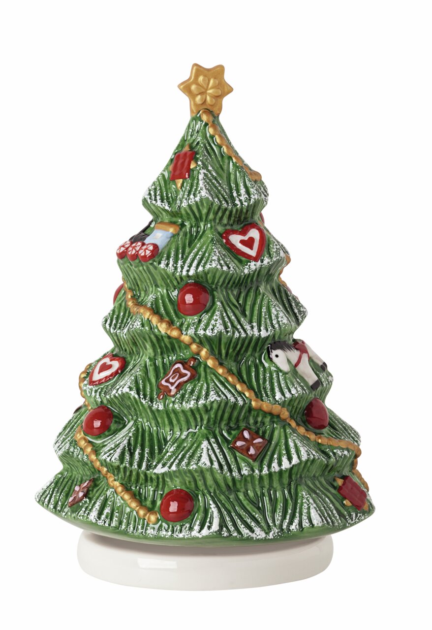 Villeroy & Boch Nostalgic Melody Weihnachtsbaum Spieluhr in Form eines Weihnachtsbaums mit bunten Verzierungen, seitliche Perspektive
