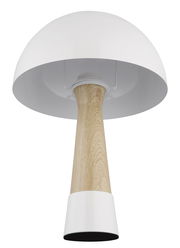 Moderne Tischleuchte mit weißem Schirm und Holzfuß, Ansicht von unten
