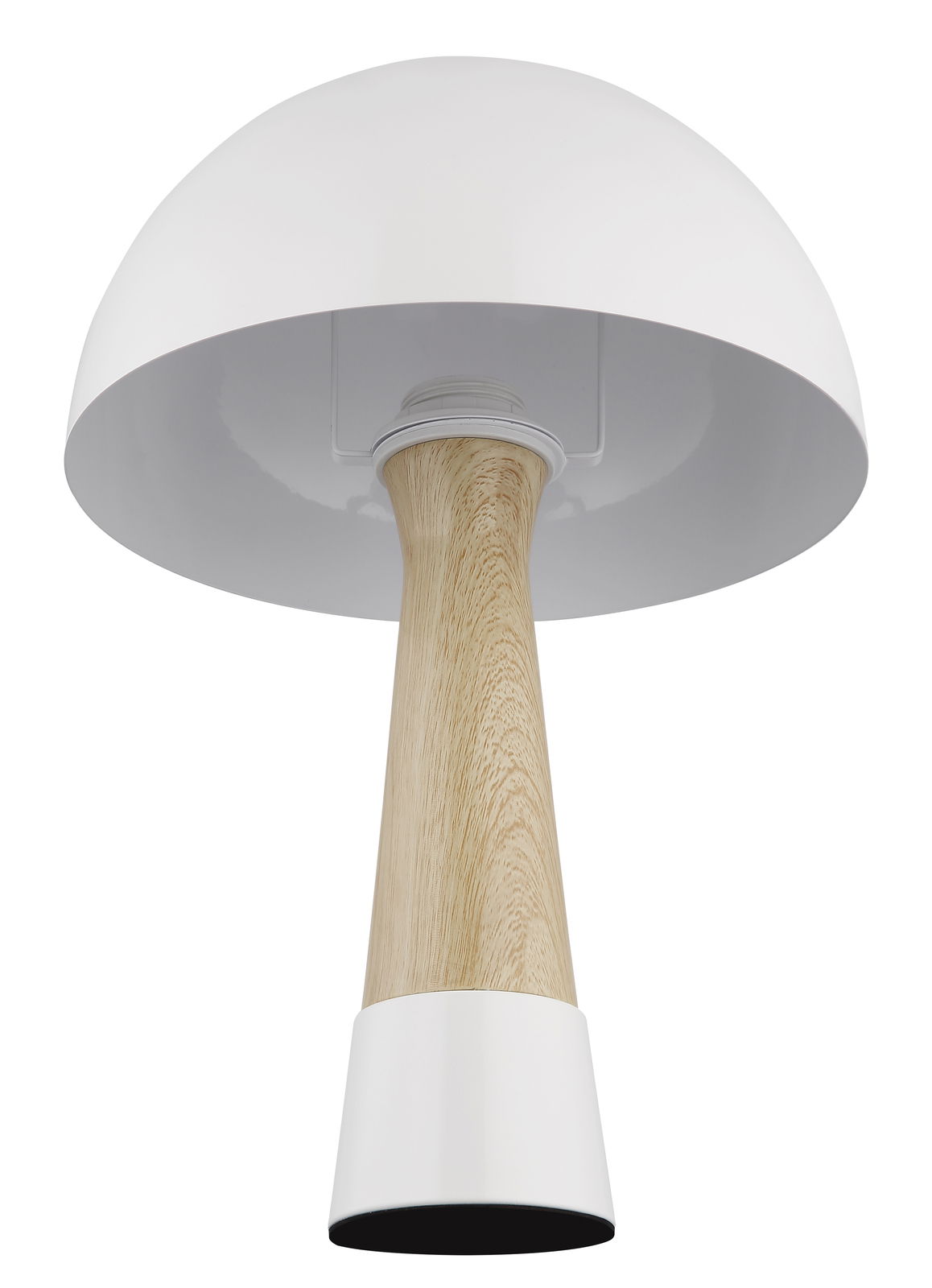 Moderne Tischleuchte mit weißem Schirm und Holzfuß, Ansicht von unten