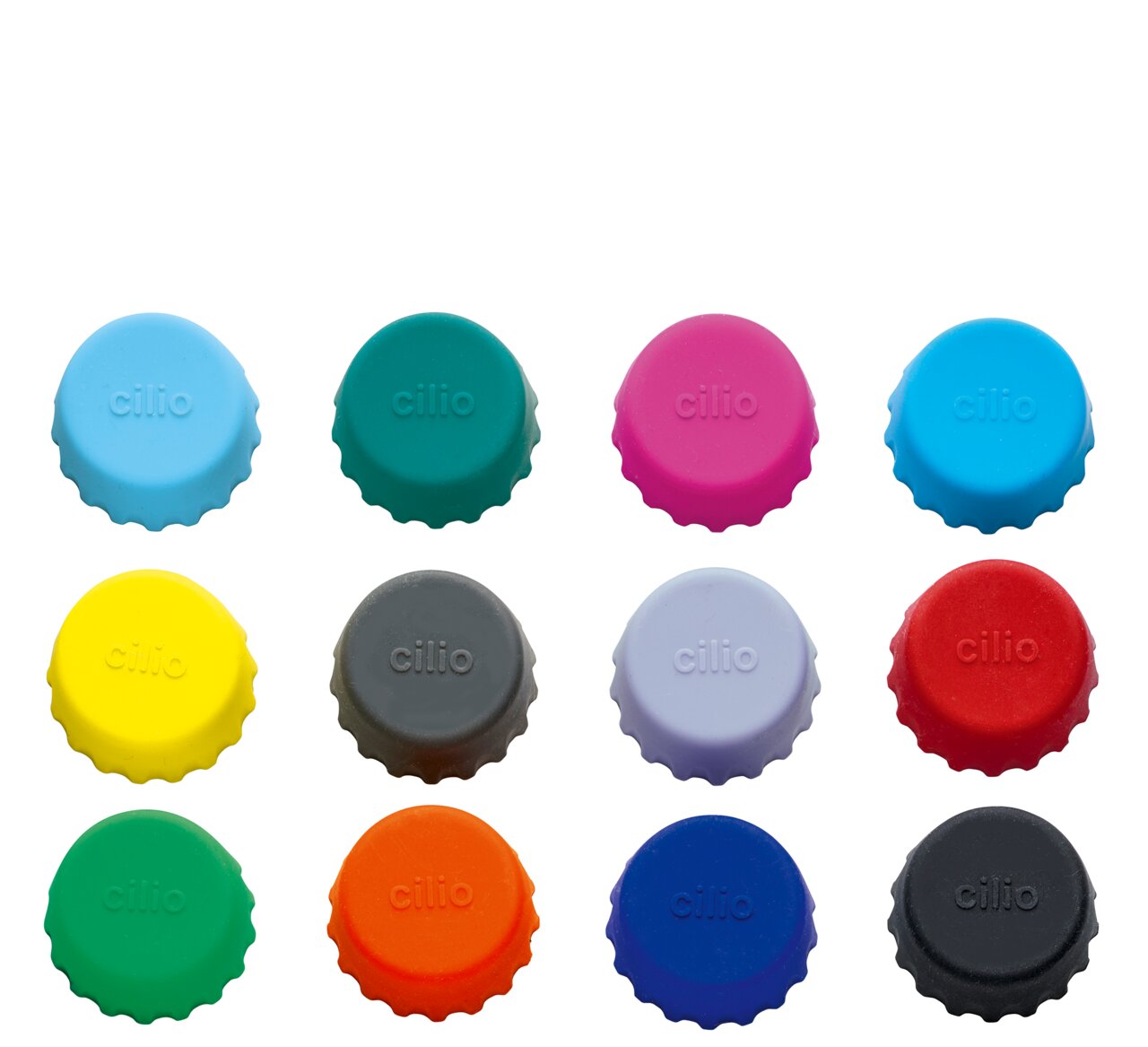 Verschiedene bunte Kronkorken in einer 12-teiligen Sammlung, von oben betrachtet.