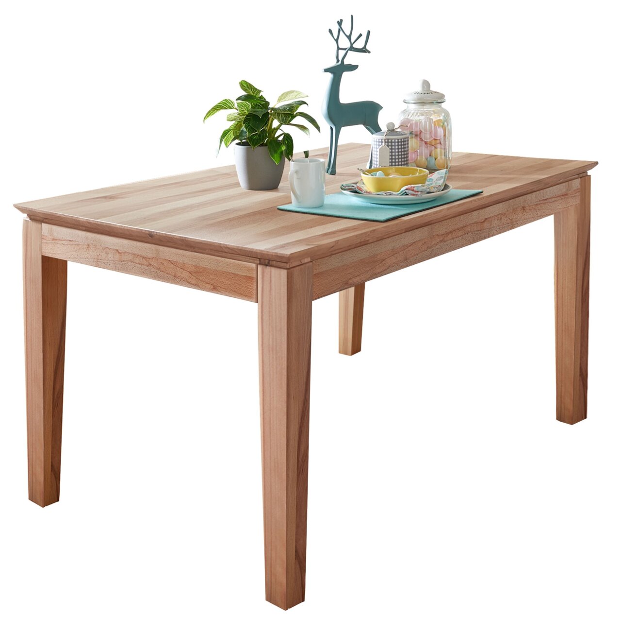 Zurbrüggen Esstisch 160x90 MINI+ Holzesstisch mit Dekorationen aus seitlicher Perspektive