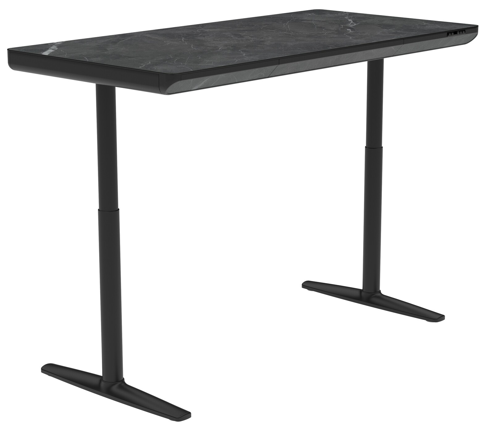 Moderner E-Schreibtisch mit schwarzer Marmoroptik, seitliche Perspektive