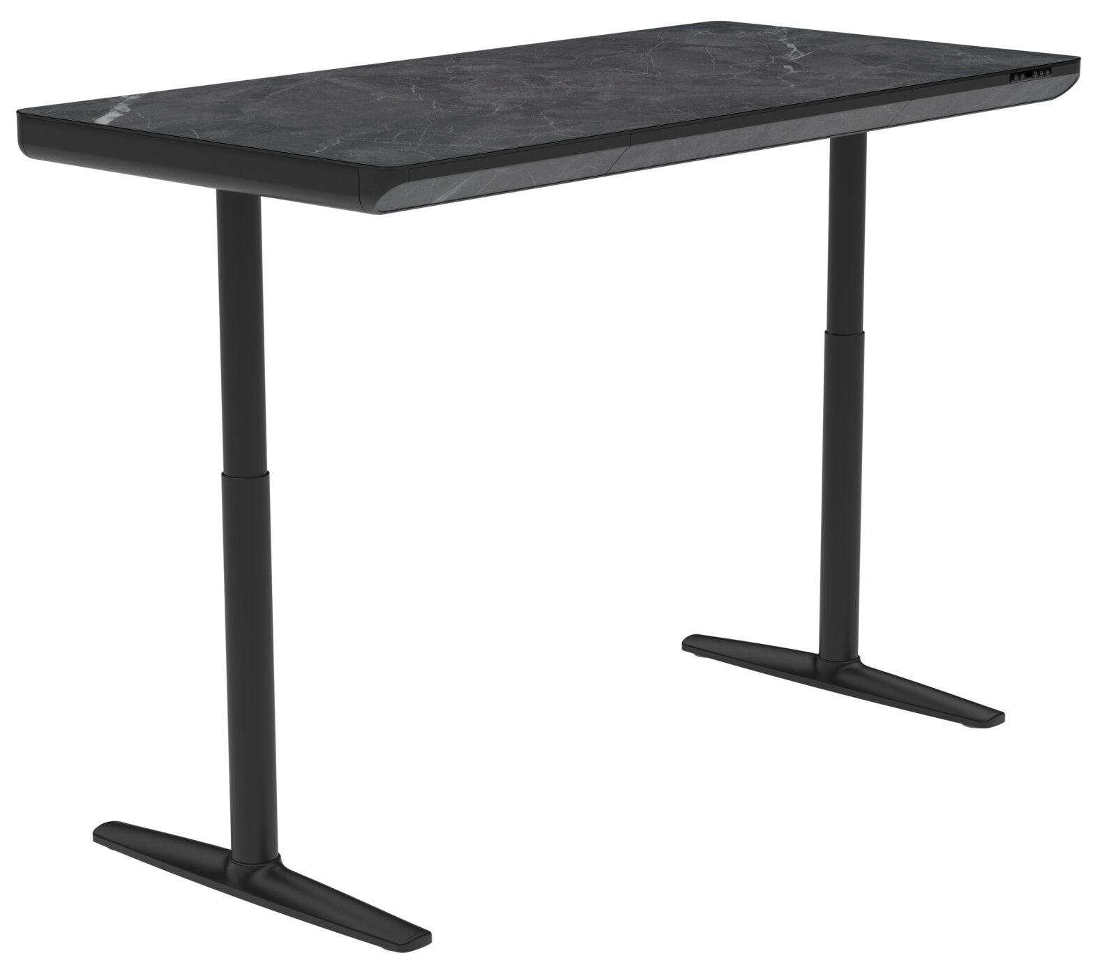 Moderner E-Schreibtisch mit schwarzer Marmoroptik, seitliche Perspektive