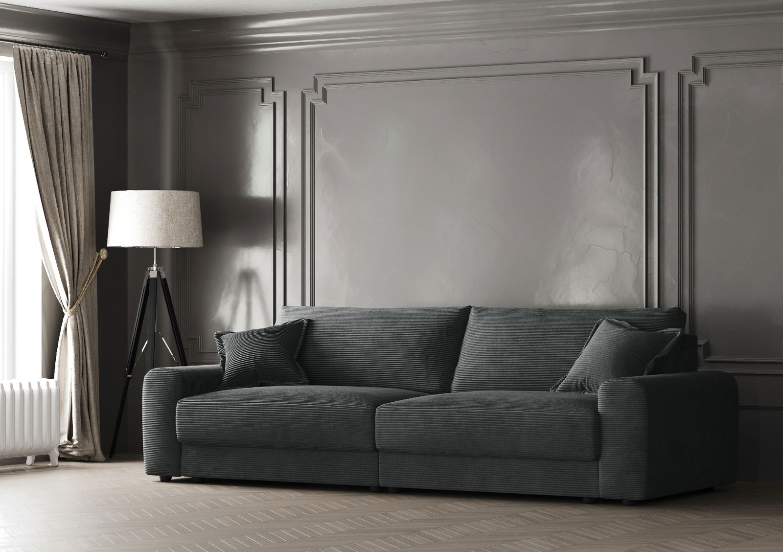 Großes, modernes Sofa in einem eleganten Wohnzimmer, seitliche Perspektive