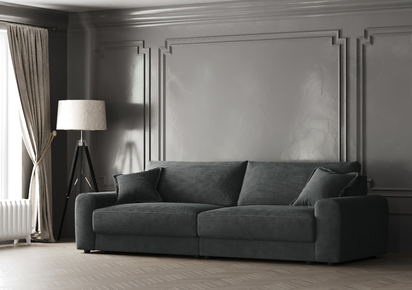 Grote, moderne bank in een elegante woonkamer, zijaanzicht
