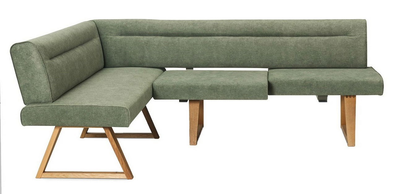 Grüne Eckbank mit Holzbeinen, seitliche Perspektive