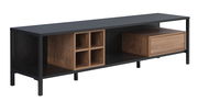 TV-Lowboard aus Holz und Metall mit offenen Fächern und Schublade, seitliche Perspektive