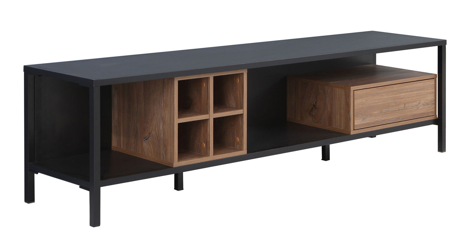 TV-Lowboard aus Holz und Metall mit offenen Fächern und Schublade, seitliche Perspektive