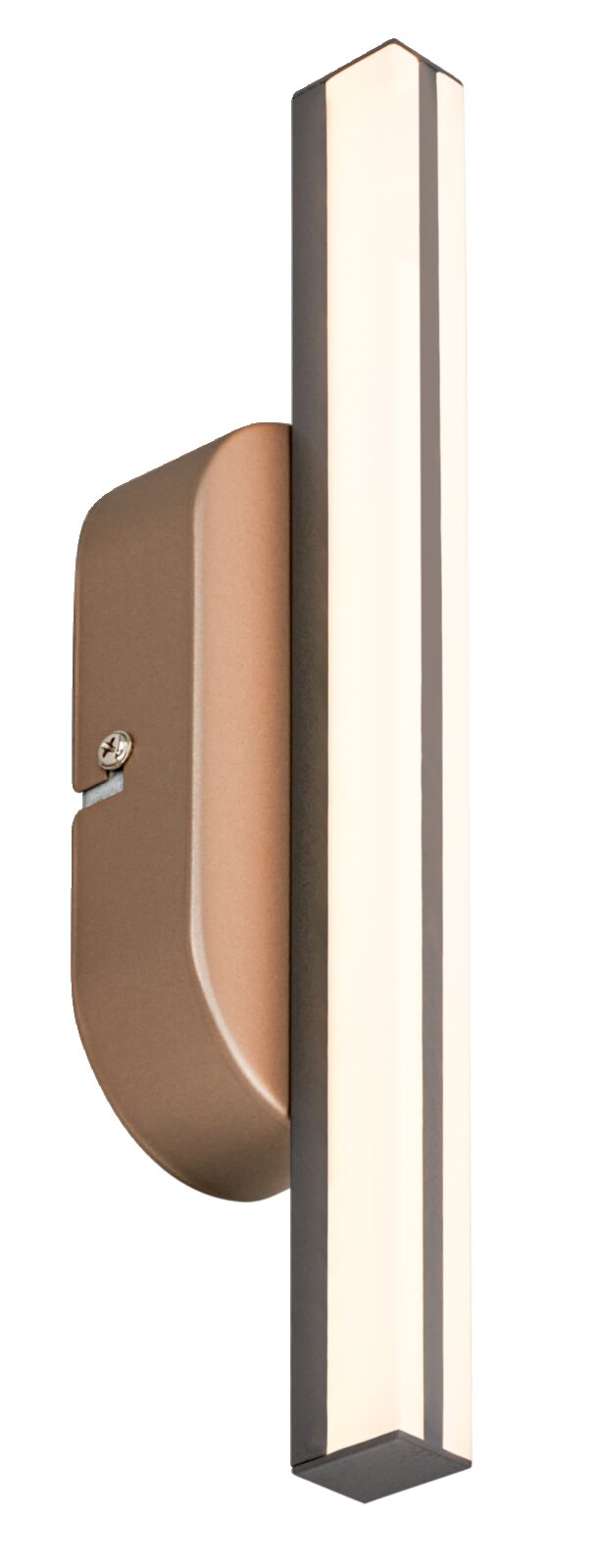 Slanke led-wandlamp met rechthoekige lichtkap en bronskleurige wandbevestiging, zijaanzicht in licht perspectief tegen een witte achtergrond