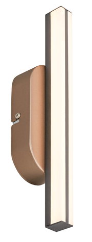 Slanke led-wandlamp met rechthoekige lichtkap en bronskleurige wandbevestiging, zijaanzicht in licht perspectief tegen een witte achtergrond