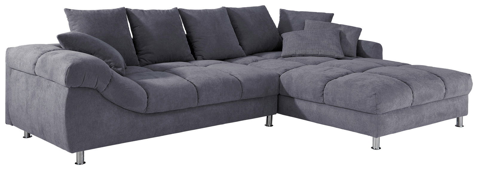 Graue Rundecke (L) mit mehreren Kissen, perspektivisch von vorne rechts fotografiert.