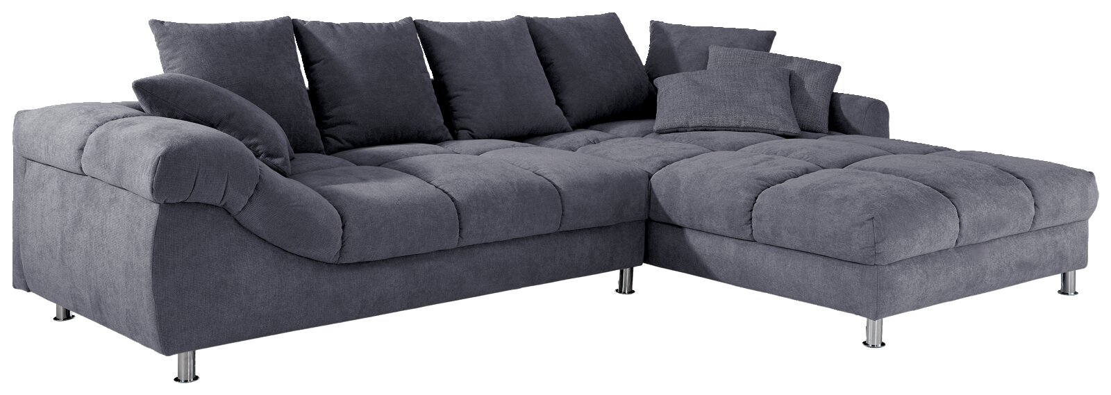 Z2 Ecksofa BROOKLYN II Graue Rundecke (L) mit mehreren Kissen, perspektivisch von vorne rechts fotografiert.