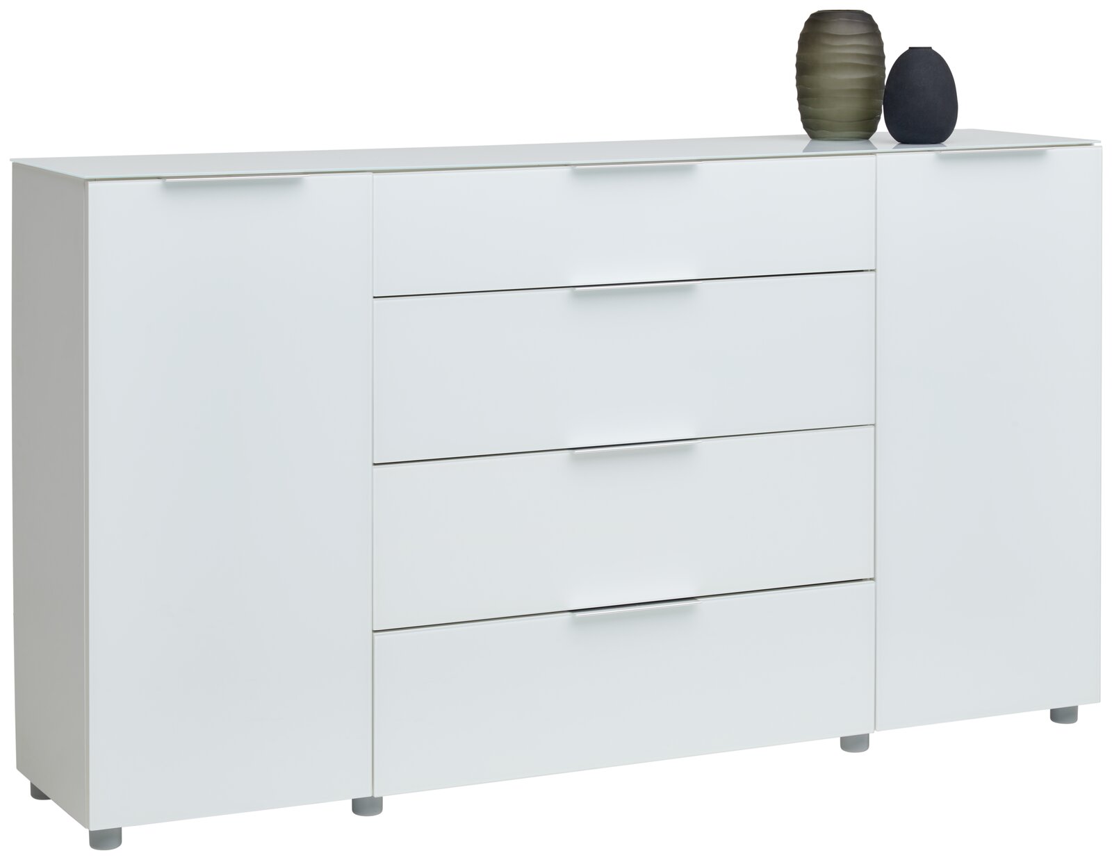 Voleo Sideboard MALIN Weißes Sideboard mit vier Schubladen und zwei Türen, dekoriert mit zwei Vasen, seitliche Perspektive