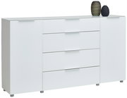 Weißes Sideboard mit vier Schubladen und zwei Türen, dekoriert mit zwei Vasen, seitliche Perspektive