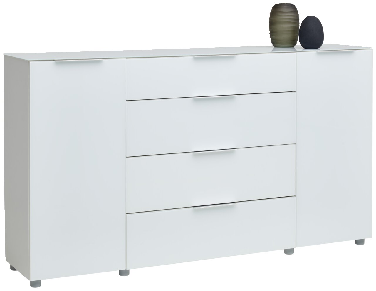 Weißes Sideboard mit vier Schubladen und zwei Türen, dekoriert mit zwei Vasen, seitliche Perspektive