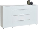 Weißes Sideboard mit vier Schubladen und zwei Türen, dekoriert mit zwei Vasen, seitliche Perspektive