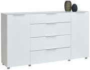 Weißes Sideboard mit vier Schubladen und zwei Türen, dekoriert mit zwei Vasen, seitliche Perspektive