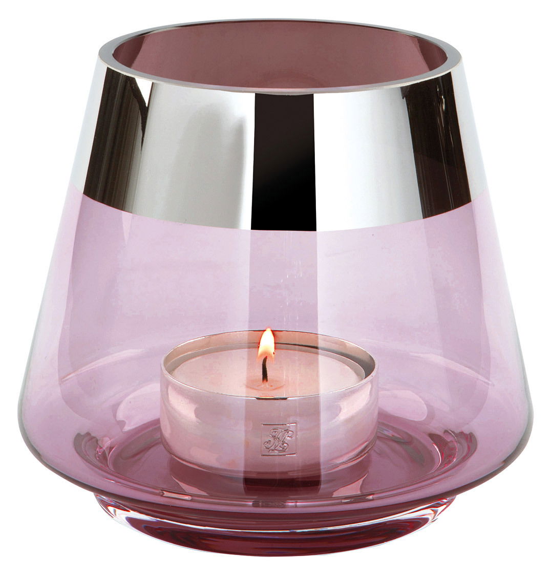 Teelichthalter in hellrosa mit silbernem Rand, seitliche Perspektive