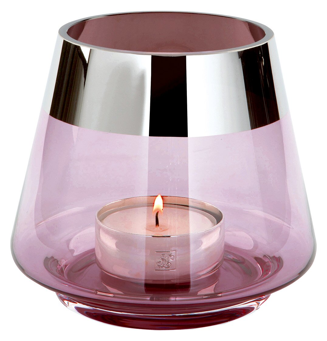 Teelichthalter in hellrosa mit silbernem Rand, seitliche Perspektive