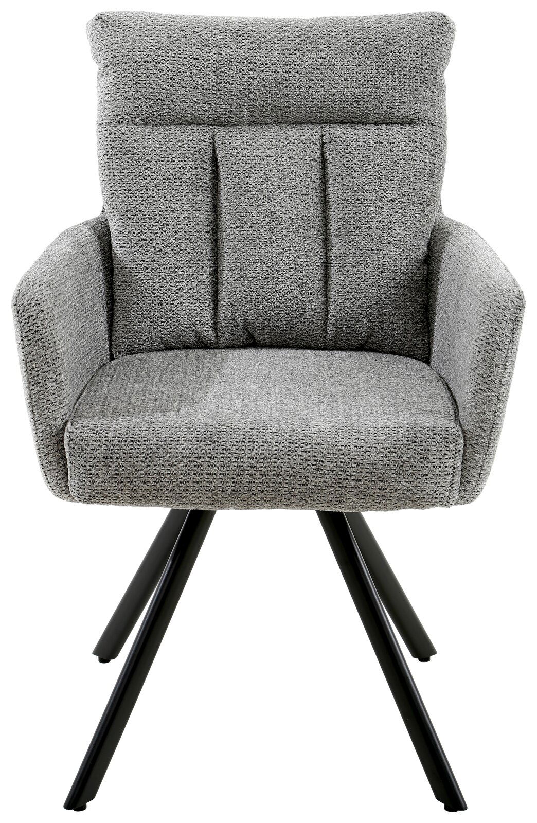 Grauer Armlehnstuhl mit gepolsterter Rückenlehne und schwarzen Metallbeinen, Frontalansicht