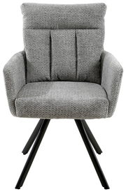 Grauer Armlehnstuhl mit gepolsterter Rückenlehne und schwarzen Metallbeinen, Frontalansicht