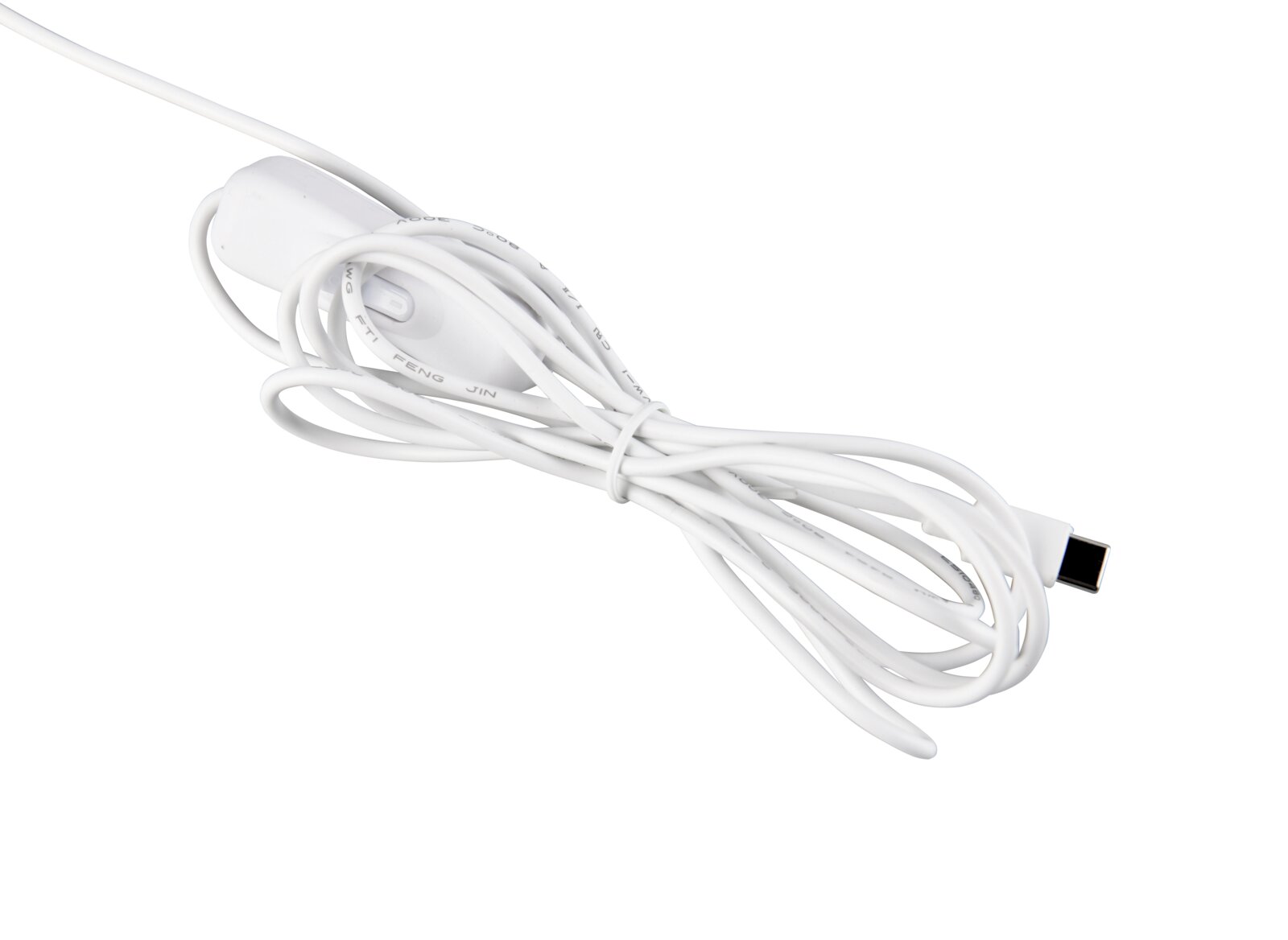 Weißes USB-C-Ladekabel mit integriertem In-Line-Schalter, aufgewickelt auf weißem Hintergrund, Perspektive: schräg von oben (3/4-Ansicht).