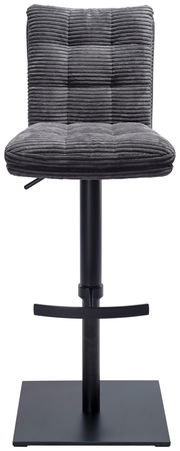 Grauer Barhocker POLLY mit gestepptem Stoffbezug, schwarzem Metallgestell und quadratischem Fuß, Frontalansicht