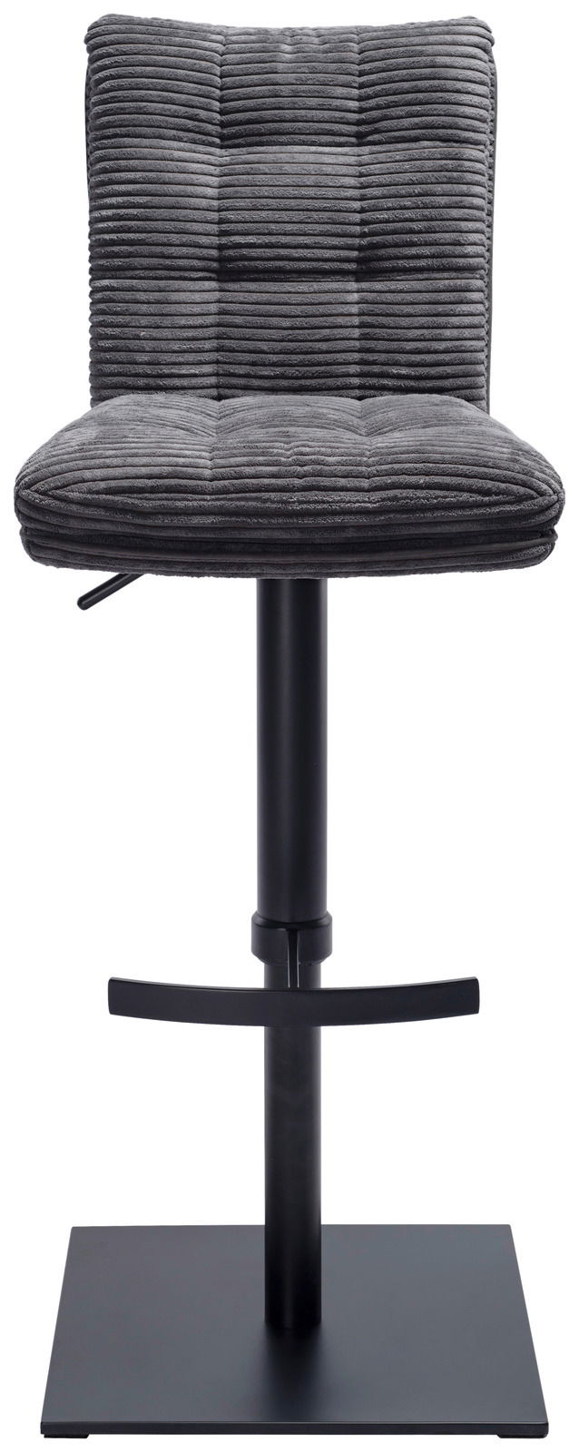 Grauer Barhocker POLLY mit gestepptem Stoffbezug, schwarzem Metallgestell und quadratischem Fuß, Frontalansicht