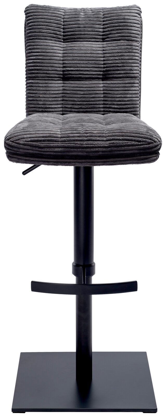 Grauer Barhocker POLLY mit gestepptem Stoffbezug, schwarzem Metallgestell und quadratischem Fuß, Frontalansicht
