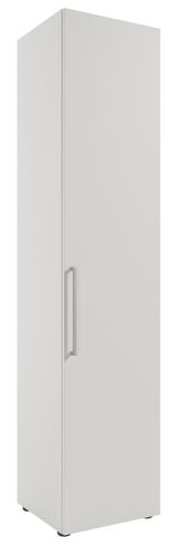 Hoher weißer Aktenschrank mit Türgriff, Ansicht von rechts.