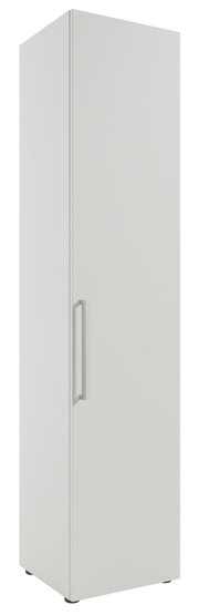 Hoher weißer Aktenschrank mit Türgriff, Ansicht von rechts.