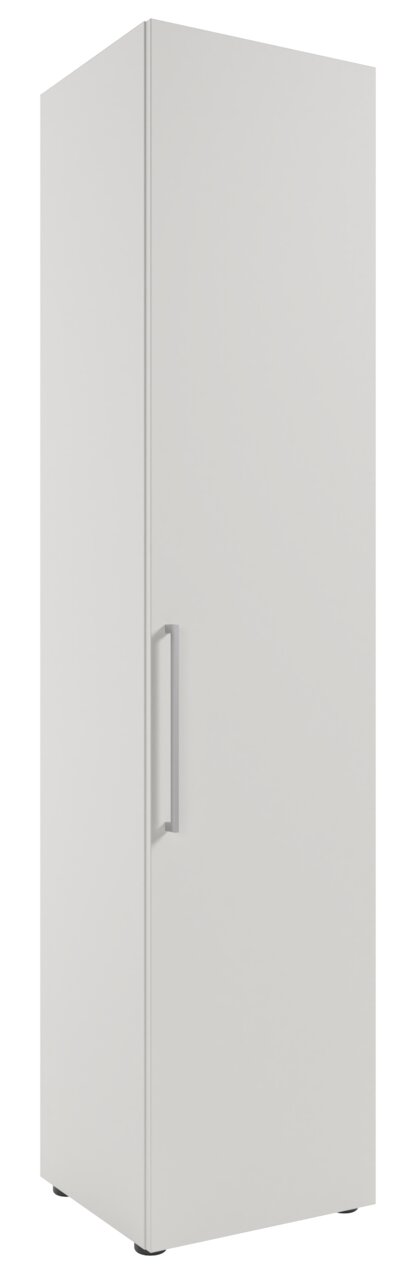 Hoher weißer Aktenschrank mit Türgriff, Ansicht von rechts.