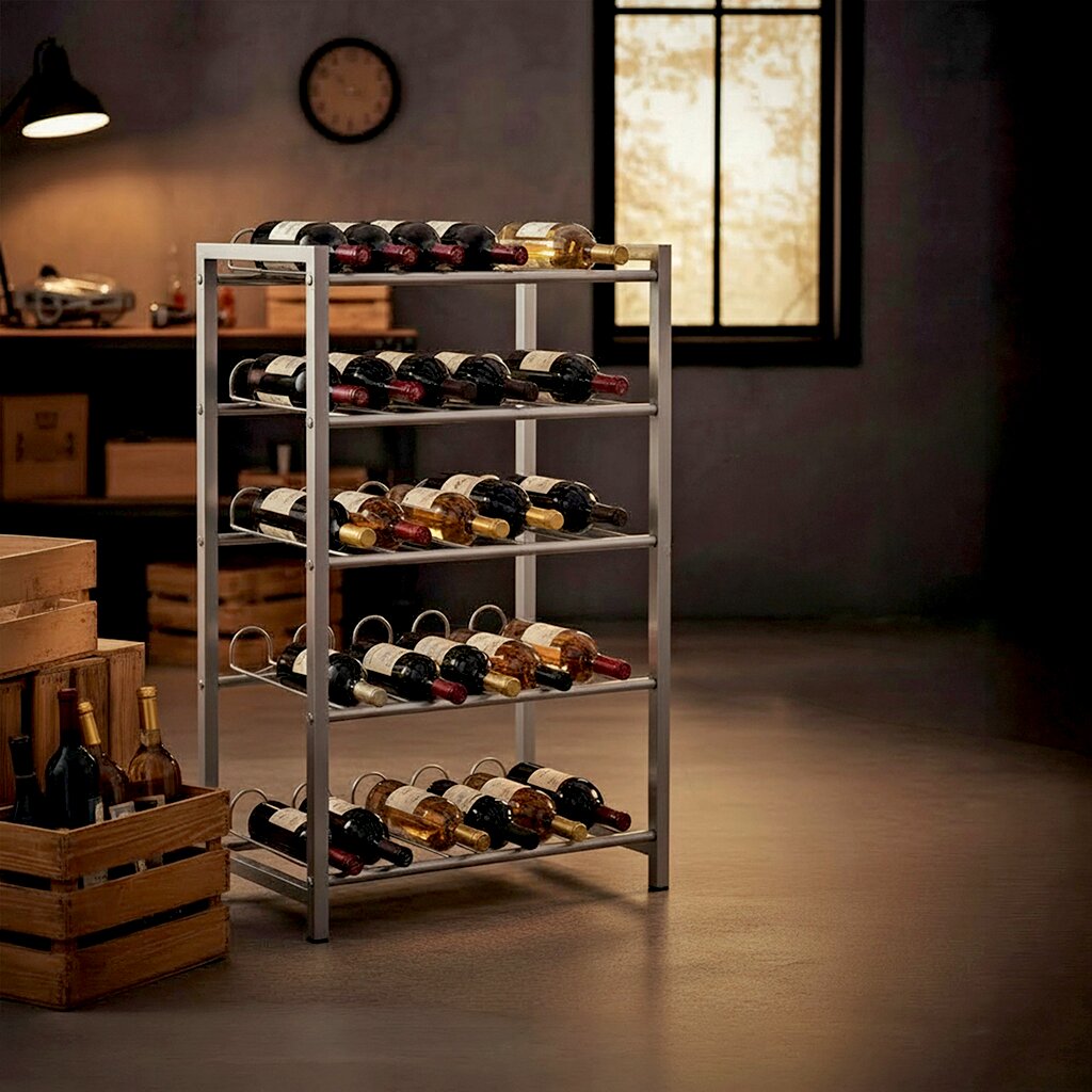Freistehendes silbernes Metall-Weinregal mit fünf Ebenen und mehreren Weinflaschen in einem Lagerraum, frontale leicht seitliche Perspektive.
