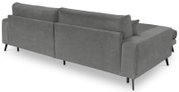 Graues L-förmiges Ecksofa mit Stoffbezug, schwarzen Metallfüßen und breiten Armlehnen, Ansicht schräg von hinten/rechts.