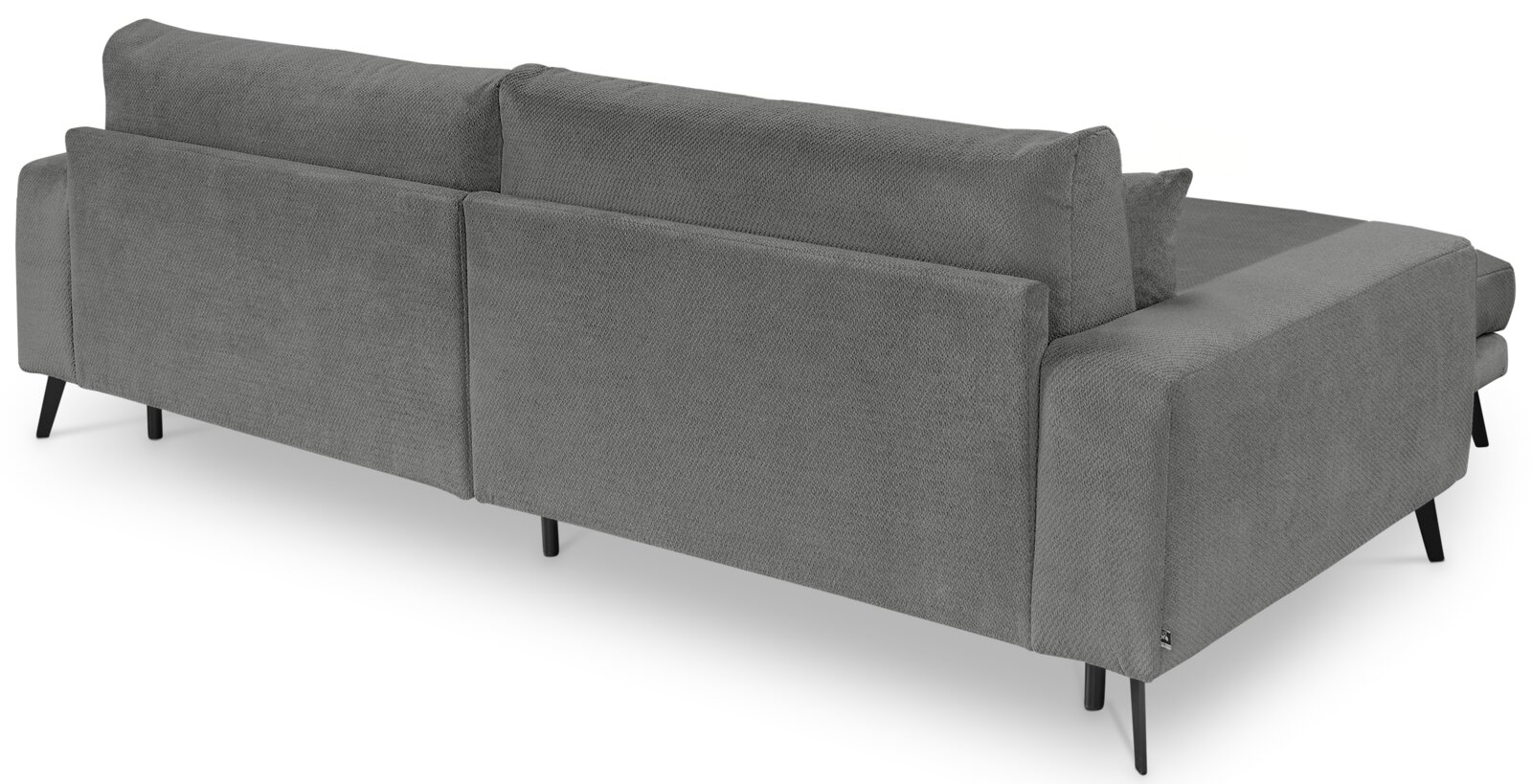 Graues L-förmiges Ecksofa mit Stoffbezug, schwarzen Metallfüßen und breiten Armlehnen, Ansicht schräg von hinten/rechts.