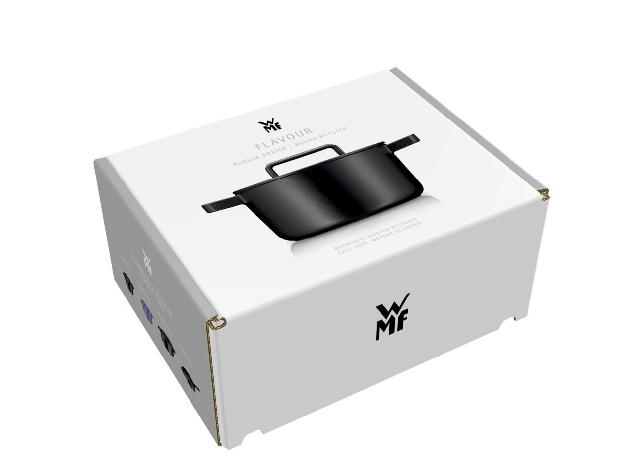 Verpackung des WMF Flavour Bräters 24cm in Schwarz, schräg von oben fotografiert.