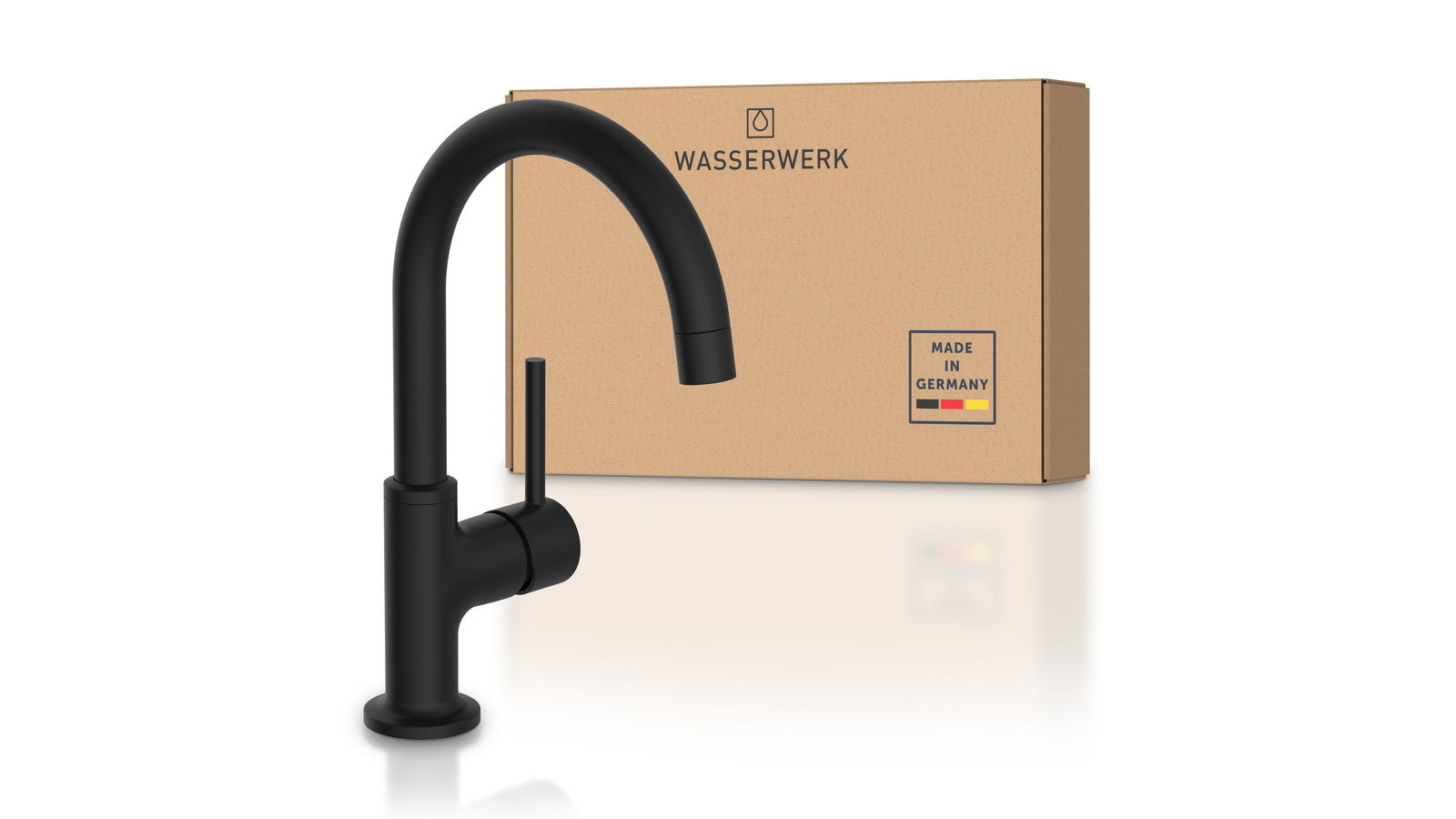 Schwarze Waschtischarmatur mit gebogenem Auslauf, seitlicher Hebel und Verpackung im Hintergrund, Vorderansicht