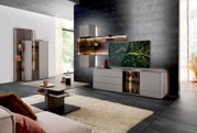 Moderne Wohnzimmer-Wandkombination in einer stilvollen Perspektive, bestehend aus einem TV-Schrank, Hängeschränken und Regalen in Holz- und Grautönen, mit dekorativen Elementen und einem großen Fernseher.