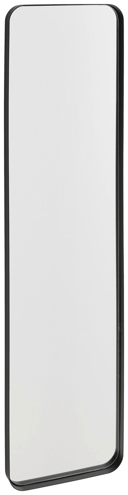 Rechteckiger Spiegel mit schwarzem Rahmen, ca. 31x120 cm, aus seitlicher Perspektive fotografiert