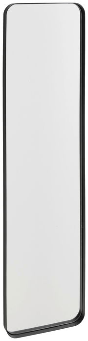 Rechteckiger Spiegel mit schwarzem Rahmen, ca. 31x120 cm, aus seitlicher Perspektive fotografiert